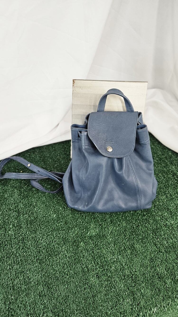 Longchamp Le Pliage Cuir XS Leather Mini Backpack Blue Drawstring Flap Authentic